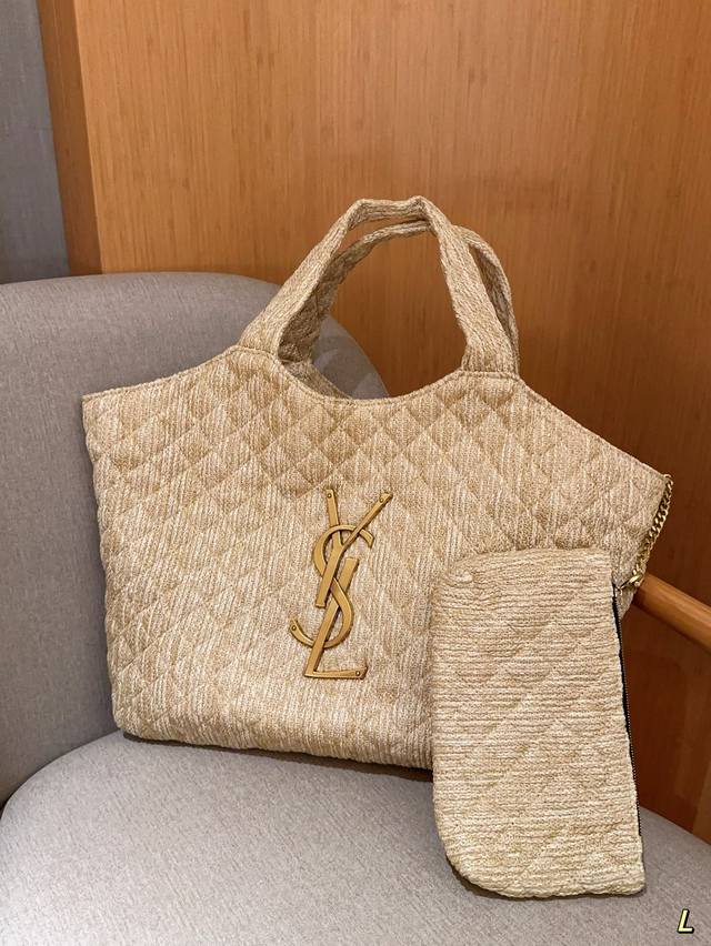 圣罗兰ysl 超火爆的大购物袋托特包tote 大logo设计 草编拉菲草编织托特包 尺寸42×36