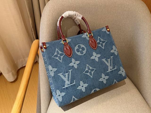 配送丝巾 Lv 路易威登 丹宁牛仔布 Onthego Lv Tote 丛林包 尺寸35×28×14 礼盒包装