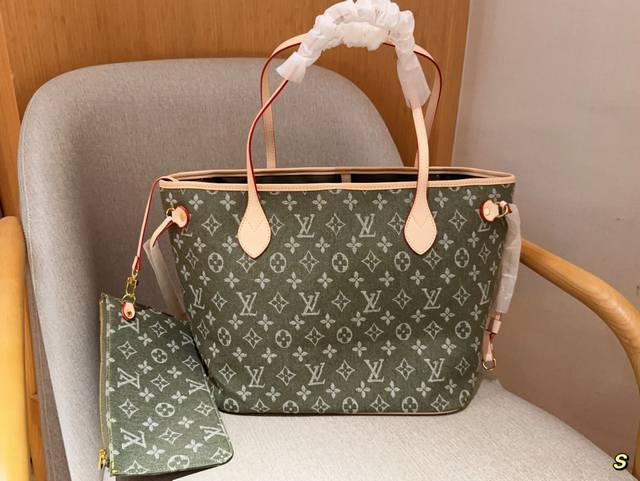 Lv 路易威登 丹宁牛仔布料购物袋 Neverfull 尺寸32Cm 礼盒包装