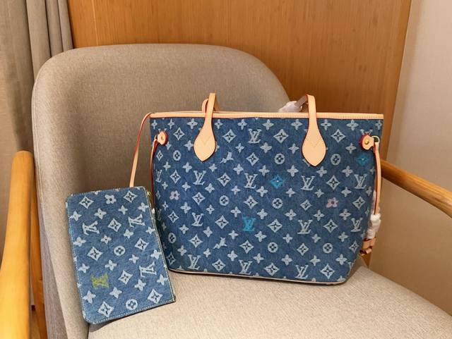 Lv 路易威登丹宁牛仔布料购物袋neverfull尺寸32Cm礼盒包装