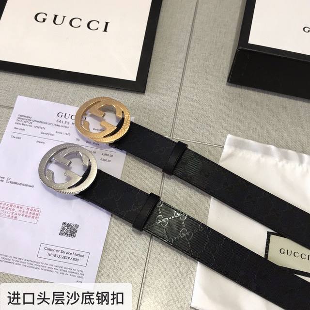 品牌：Gucci 钢扣 等级：原单私货.进口头层牛皮 专柜售、堪比正品！油边精致 电脑车线 手感柔软.实物拍摄无修饰 上身效果超好、长度不可裁剪.配专柜全套包装