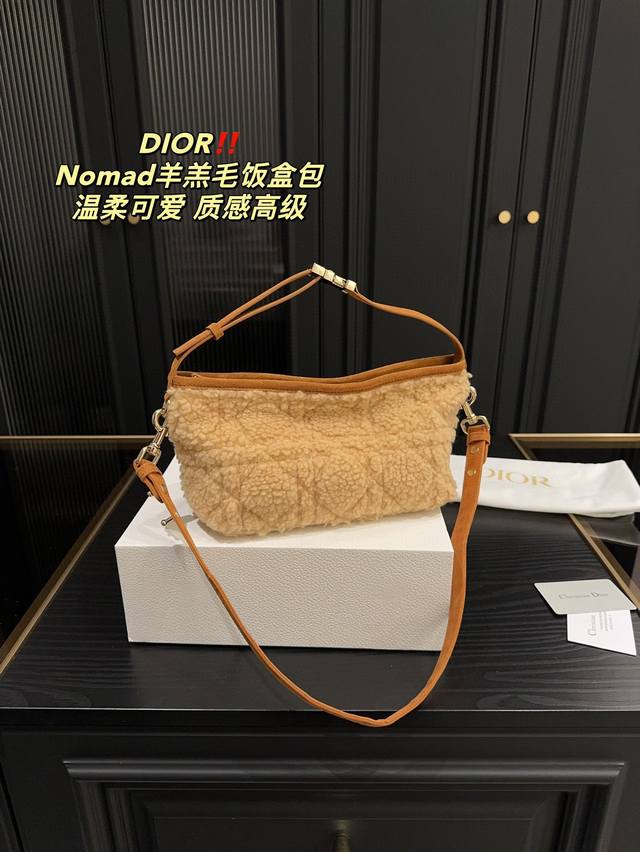 折叠盒尺寸23.15 迪奥dior Nomad羊羔毛饭盒包 配延长带 可单肩可斜挎 包型太可爱了 容量非常可，日常通勤都没问题 可咸可甜 质感满分 工艺非常讲究