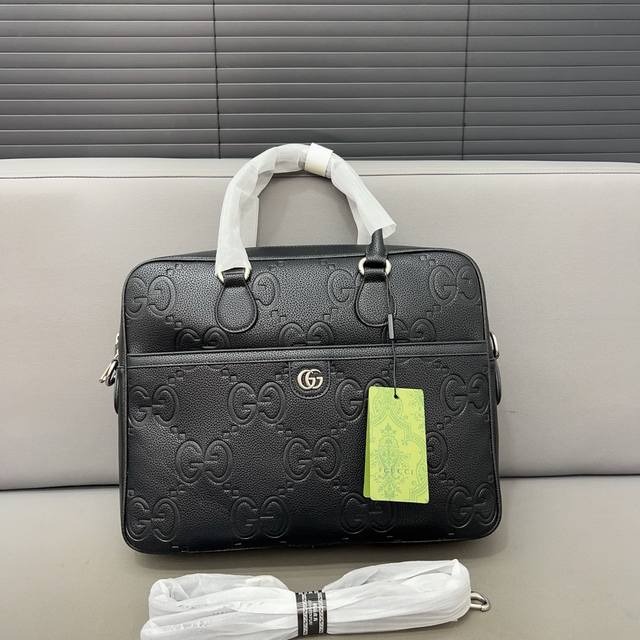 Gucci 古奇 Ophidia 双G徽标可拆卸可调节肩带 GG Supreme 帆布 公文包 中号 男女同款情侣款 深灰色原单GG公文包 男包 电脑包 手提包