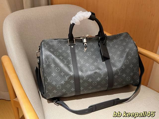 升级钢五金芯片版 Lv路易威登 黑花机场包旅行袋 Keepall 45 尺寸45Cm