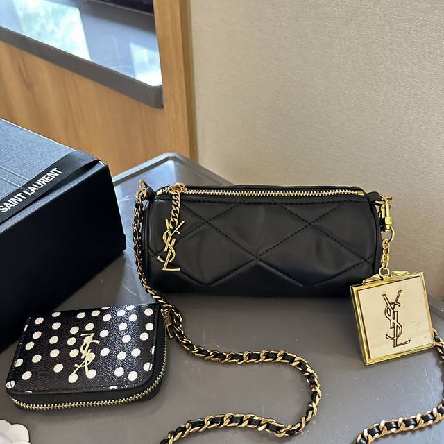 送ysl化妆镜卡包] Ysl 笔筒包 圣罗兰包包 Saint Laurent&Slp正品购入打版，牛皮皮质，全套对版五金. 包型精致，实用 袋口ysl金属扣五金