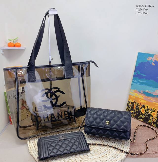 三件套 香奈儿 Chanel 果冻购物袋+发财包+钱包 3件套组合 尺寸：大41.5X33X12Cm，中21X14Cm，小20X11Cm