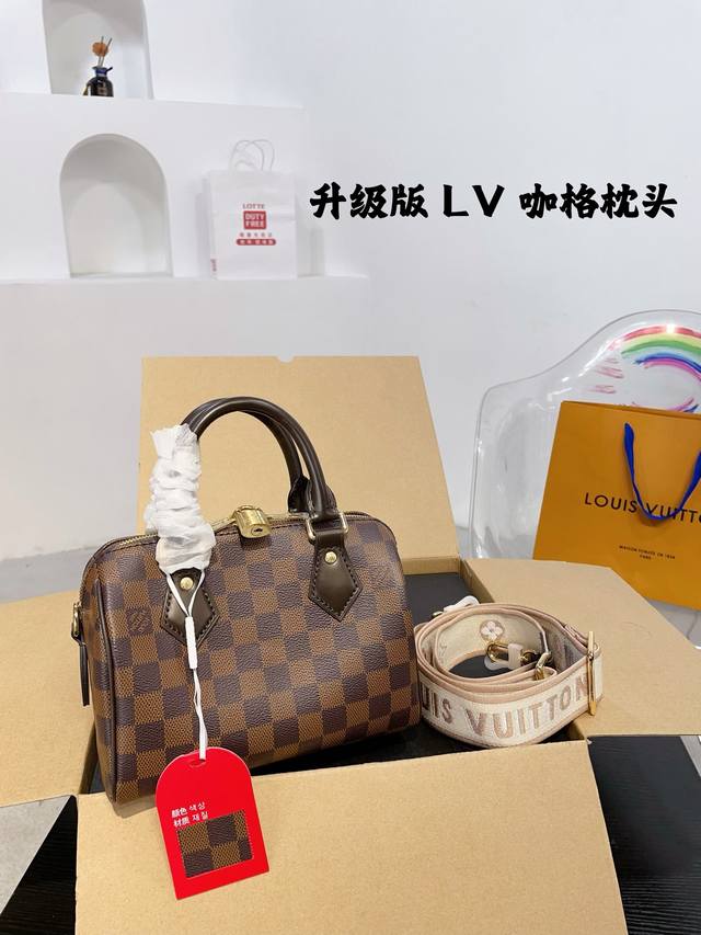 飞机盒折叠礼盒 升级版 Lv Speedy20手袋最新款刺绣肩带枕头包老花手提单肩斜挎包尺寸：20*13*12Cm 天然变色牛皮 原版五金 重工双面刺绣肩带