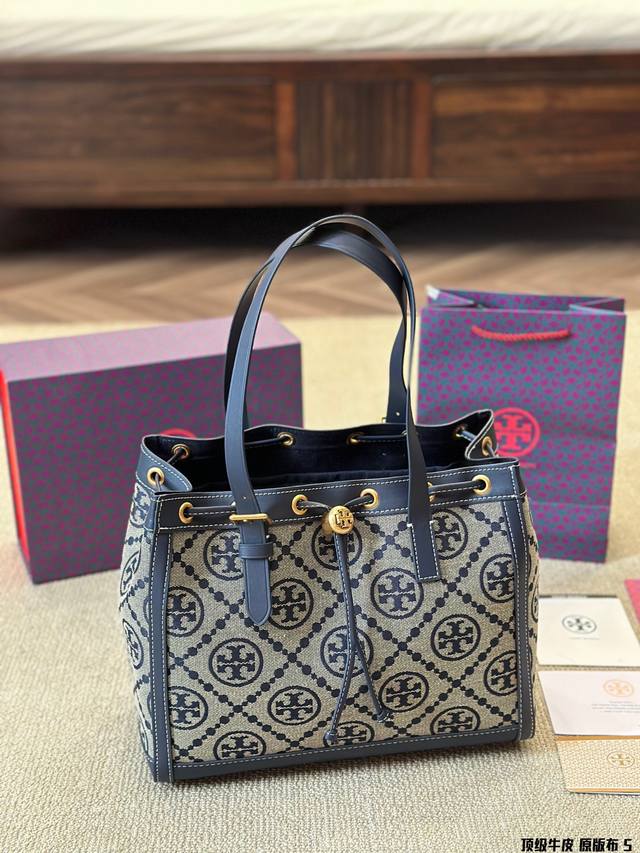 顶级牛皮 原版布 Tb老花tote 通勤当妈妈包非常适合， Tory Burch Monogram Tote Bag Tb老花托特包 通勤优先、抽绳款宽松或者收