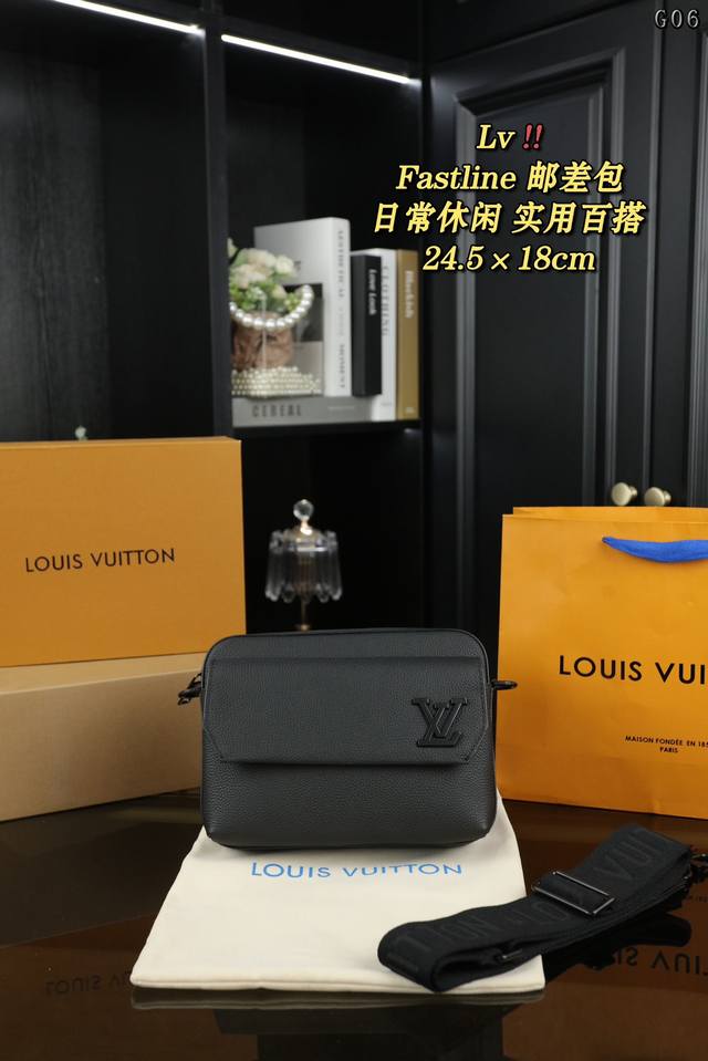 配全套礼盒 Lv Fastline系列 Messenger 男款 邮差包斜挎单肩包 男生日常休闲搭配的理想选择～ 实用又百搭，小小的身体大大的空间 非常适合放随