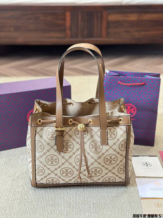 顶级牛皮 原版布 Tb老花tote 通勤当妈妈包非常适合， Tory Burch Monogram Tote Bag Tb老花托特包 通勤优先、抽绳款宽松或者收