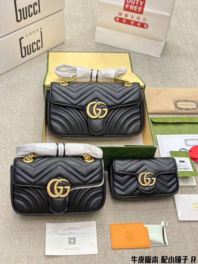 复刻版牛皮 配小镜子 Gucci古奇 经典百搭款marmont 酷奇双g 刺绣爱心单肩包斜挎包女包 美到无法无天的款式 今年简直引领时尚最in元素做了几个月的款