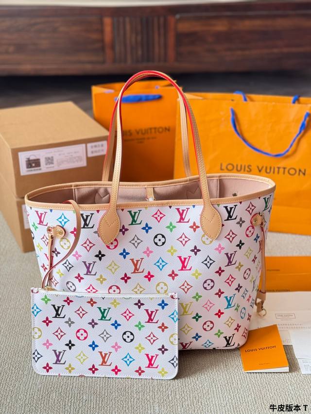 Lv村上隆联名款 lv 牛皮 L家 Neverfull 中号购物袋！入门级的款式哦！绝对的终身款！此物经典不言而喻！街拍和实用都是非常Nb的选择！大家拿到后可以